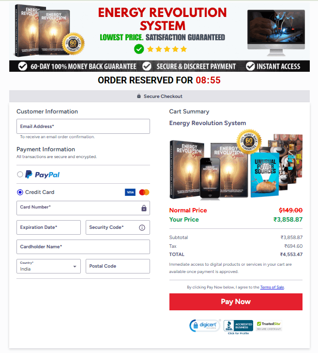 Energy Revolution System secure order page checkout